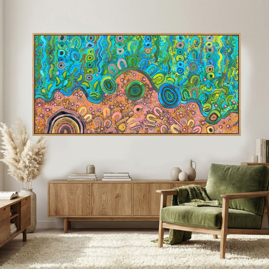 Aboriginal dot painting artwork showing traditional Indigenous symbols and storytelling patterns
