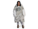 Oversized brown wearable hooded blanket featuring Indigenous aboriginal  inspired dot art pattern and fleece interior