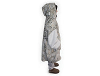 Oversized brown wearable hooded blanket featuring Indigenous-inspired dot art pattern and fleece interior