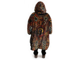 Oversized brown wearable hooded blanket featuring Indigenous aboriginal  inspired dot art pattern and fleece interior