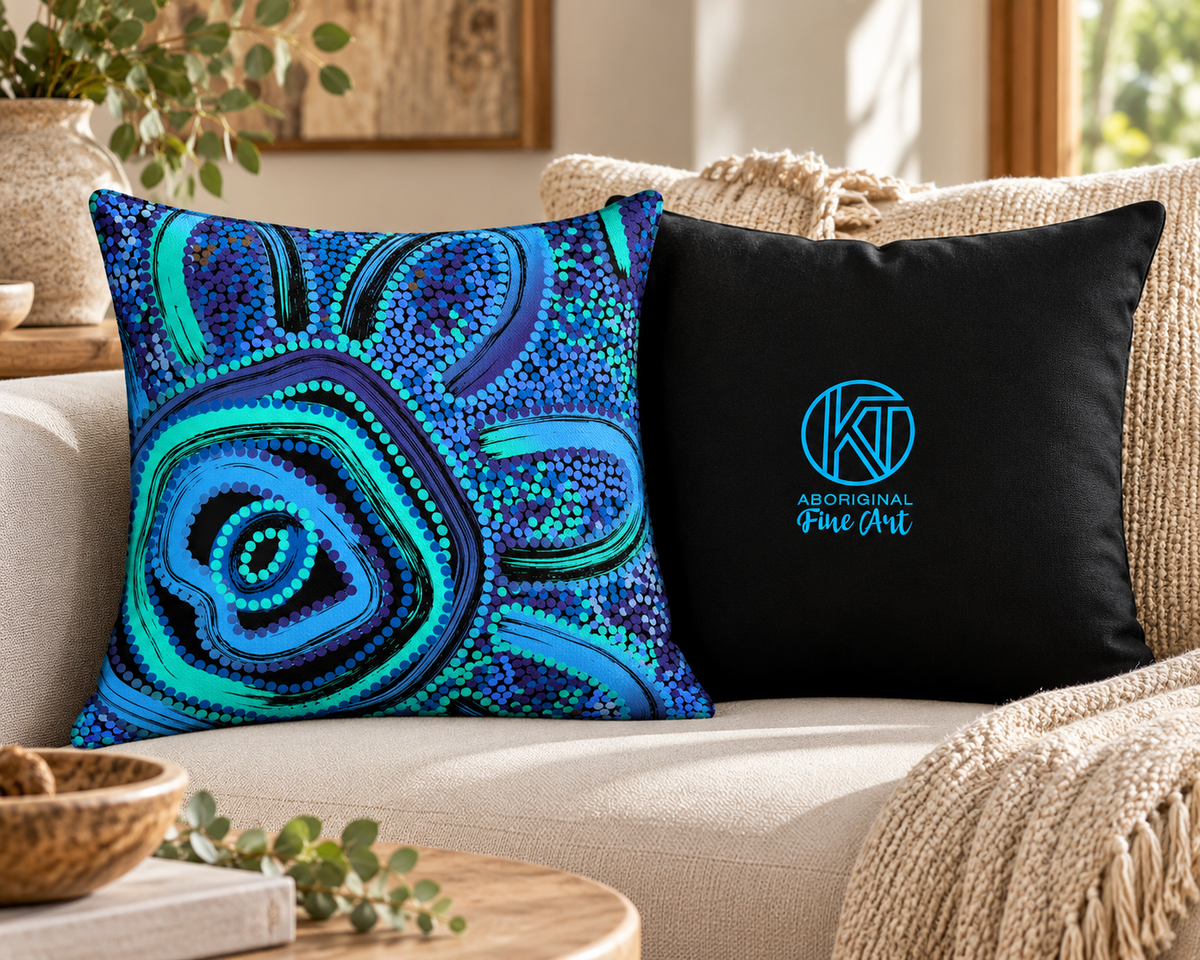 Blue Rain Aboriginal Art Velvet Cushion Cover