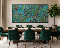 Modern Aboriginal wall art displayed in luxury dining room interior