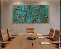 Australian Aboriginal canvas print featuring symbolic pathways and gathering circles