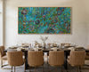 Dining room with a large Modern Aboriginal painting print for interior designers and collectors painting on the wall, set table, and chairs.