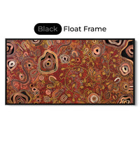 Out on Country Aboriginal wall art by Kelly Taylor presented in a black float frame