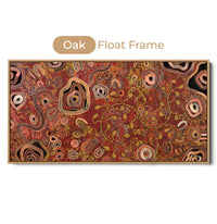 Out on Country Aboriginal art print by Kelly Taylor presented in an oak timber float frame