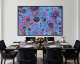 Large colourful Aboriginal artwork by T'keyah Ware creating a statement feature wall in a luxury black dining room.