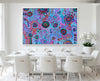 Large original Aboriginal painting by T'keyah Ware displayed in a contemporary white luxury dining room with elegant interior styling.