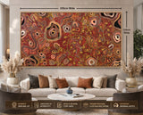 Out on Country Aboriginal art print by Kelly Taylor measuring 250cm wide x 125cm high displayed in a premium interior setting