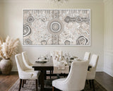 Camping Under the Moonlight Aboriginal art print by Kelly Taylor displayed in a contemporary office meeting room.
