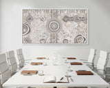 Camping Under the Moonlight Aboriginal art canvas print displayed in a modern boardroom meeting space.
