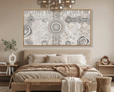 Camping Under the Moonlight limited edition Aboriginal canvas print displayed above a contemporary bedroom.