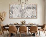 Camping Under the Moonlight Aboriginal art canvas print by Kelly Taylor displayed above a contemporary dining room table.