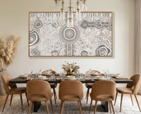 Camping Under the Moonlight Aboriginal art canvas print by Kelly Taylor displayed above a contemporary dining room table.