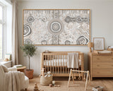 Camping Under the Moonlight Aboriginal wall art canvas print in a modern nursery by South Australian Aboriginal artist Kelly Taylor.