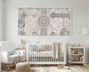 Limited edition Camping Under the Moonlight Aboriginal art print by Kelly Taylor styled in a bright nursery.