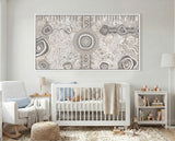 Limited edition Camping Under the Moonlight Aboriginal art print by Kelly Taylor styled in a bright nursery.