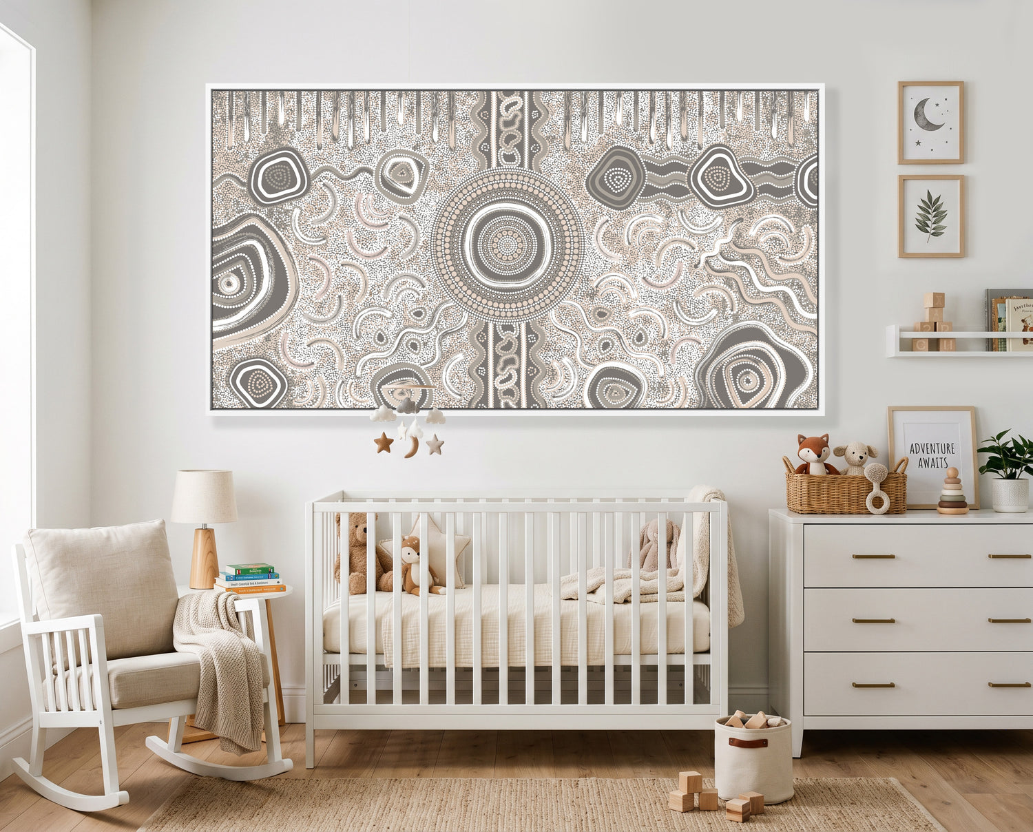 Camping Under the Moonlight contemporary Aboriginal artwork displayed above a modern dining setting.