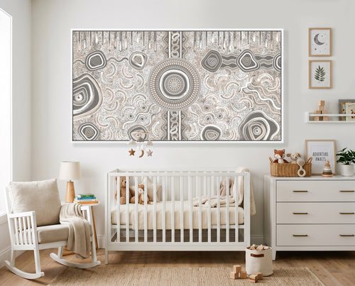 Camping Under the Moonlight contemporary Aboriginal artwork displayed above a modern dining setting.