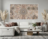Camping Under the Moonlight Aboriginal art canvas print by Kelly Taylor displayed in a contemporary living room.