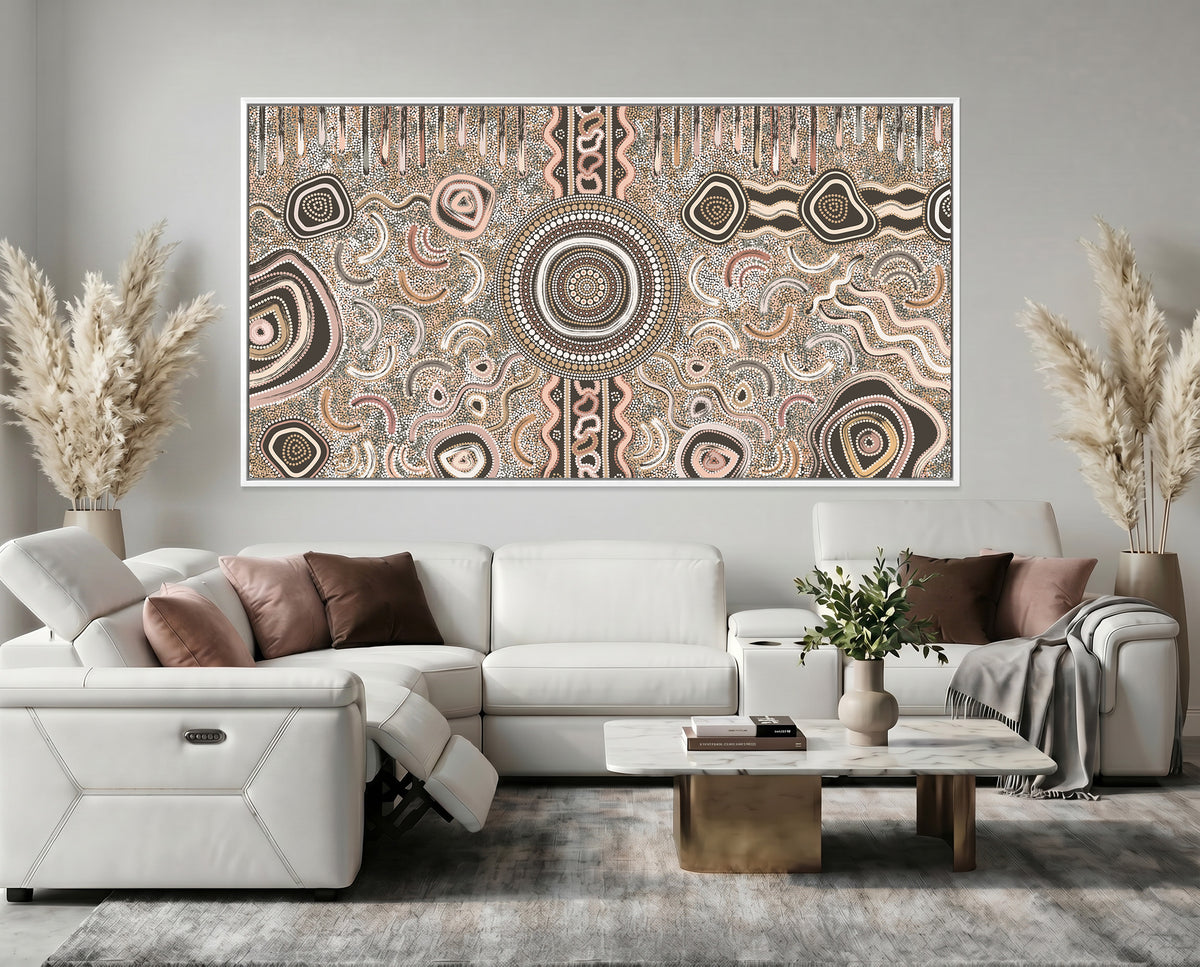 Camping Under the Moonlight Aboriginal art canvas print by Kelly Taylor displayed in a contemporary living room.