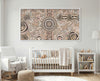 Camping Under the Moonlight Aboriginal canvas artwork above a baby cot in nursery.