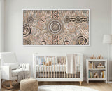 Camping Under the Moonlight Aboriginal canvas artwork above a baby cot in nursery.