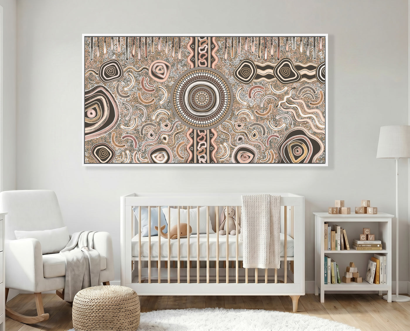 Camping Under the Moonlight Aboriginal canvas artwork above a baby cot in nursery.