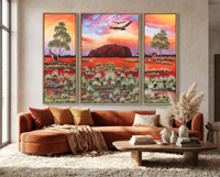KTAFA Uluru three-panel Aboriginal canvas print in neutral modern lounge room with oak styling