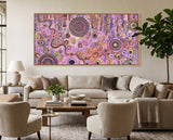 Family Day Out original Aboriginal artwork by Kelly Taylor displayed in a neutral contemporary living room.