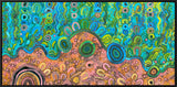 Colorful aboriginal art abstract pattern with swirling designs in blue, green, and pink.
