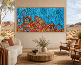 Desert Meets the Sea contemporary Aboriginal artwork by Kelly Taylor displayed in a bright coastal lounge room.