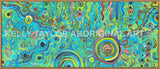 Colorful abstract aboriginal art artwork with swirling patterns and Kelly Taylor Aboriginal Arts branding.