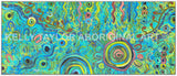 Colorful abstract design with swirling aboriginal art patterns and concentric circles, featuring the text 'Kelly Taylor Aboriginal Art'.