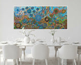 Original Aboriginal acrylic painting on canvas by Kelly Taylor titled Seven Sisters Dreaming, featuring layered dot work, circular forms, Country, Elders, sacred places and night sky storytelling.