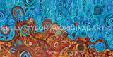 Close-up of Desert Meets the Sea original Aboriginal painting showing detailed dot work and symbols inspired by Country and the meeting of desert and sea.