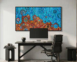 Desert Meets the Sea original Aboriginal painting by Kelly Taylor displayed in a modern home office.