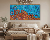 Desert Meets the Sea original Aboriginal painting displayed above a contemporary bedroom by Kelly Taylor.