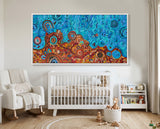 Desert Meets the Sea Aboriginal artwork by Kelly Taylor displayed in a modern nursery with white wooden furniture.