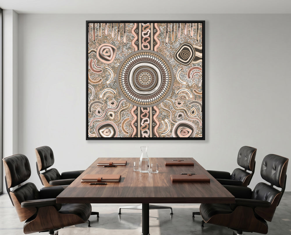 Contemporary Aboriginal wall art by Kelly Taylor displayed in luxury dining room