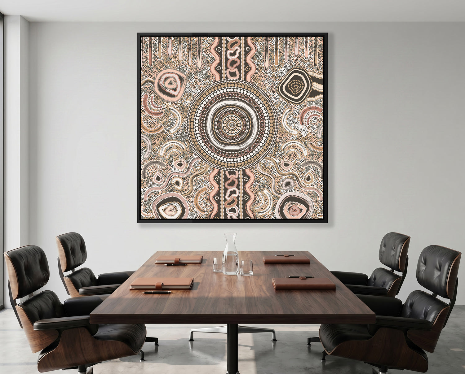 Contemporary Aboriginal wall art by Kelly Taylor displayed in luxury dining room