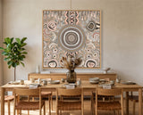 Modern Indigenous Australian canvas print in minimalist living room interior