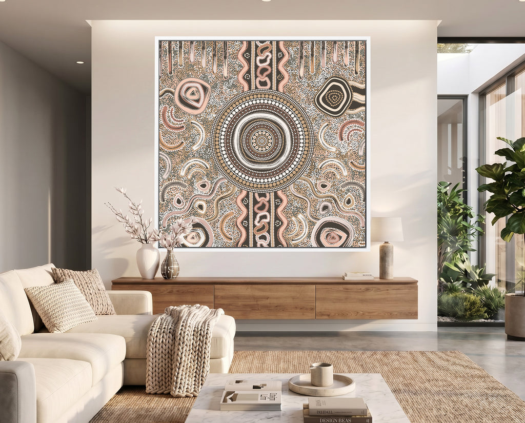 Camping Under the Moonlight Aboriginal art print styled in a modern office interior