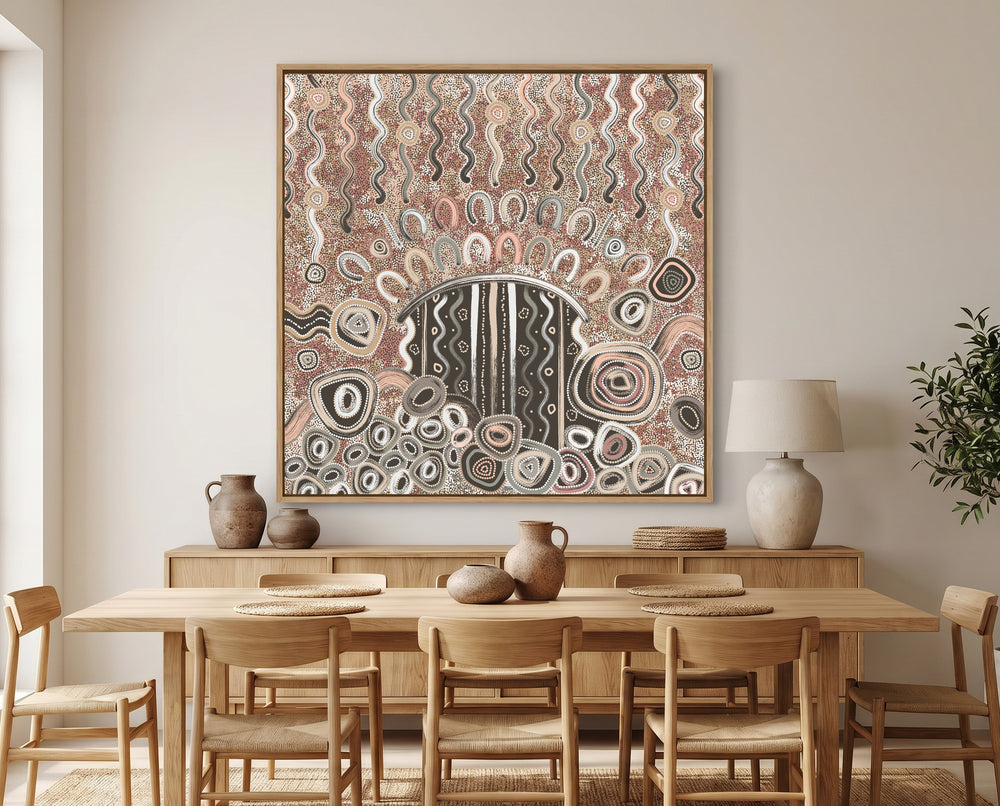 Indigenous Australian wall art displayed in contemporary interior design space