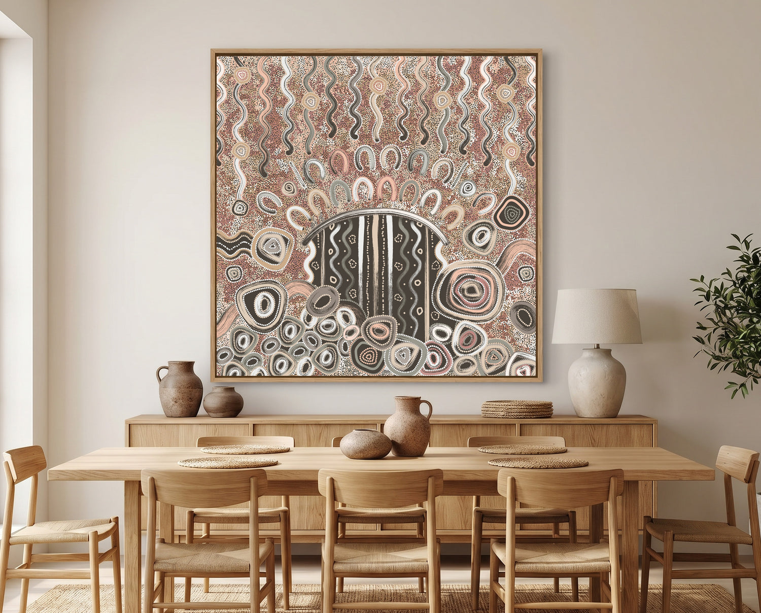 Indigenous Australian wall art displayed in contemporary interior design space