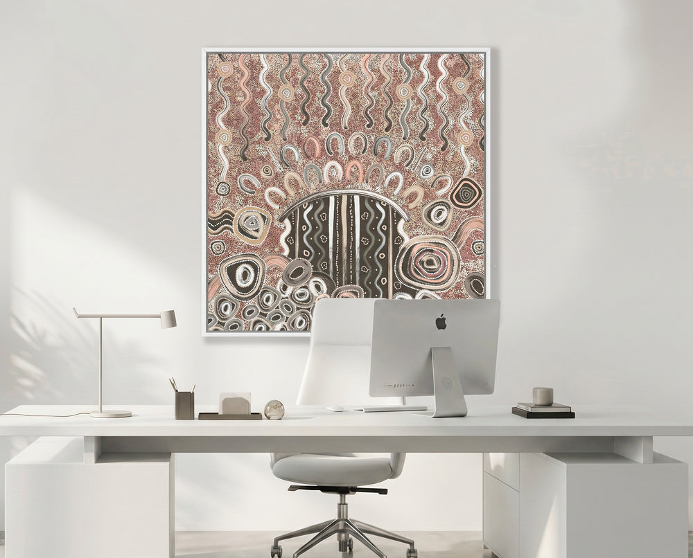 Contemporary Aboriginal art print by Kelly Taylor styled in modern office interior