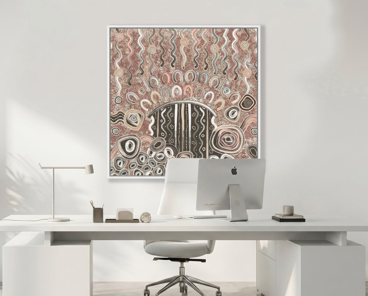 Contemporary Aboriginal art print by Kelly Taylor styled in modern office interior