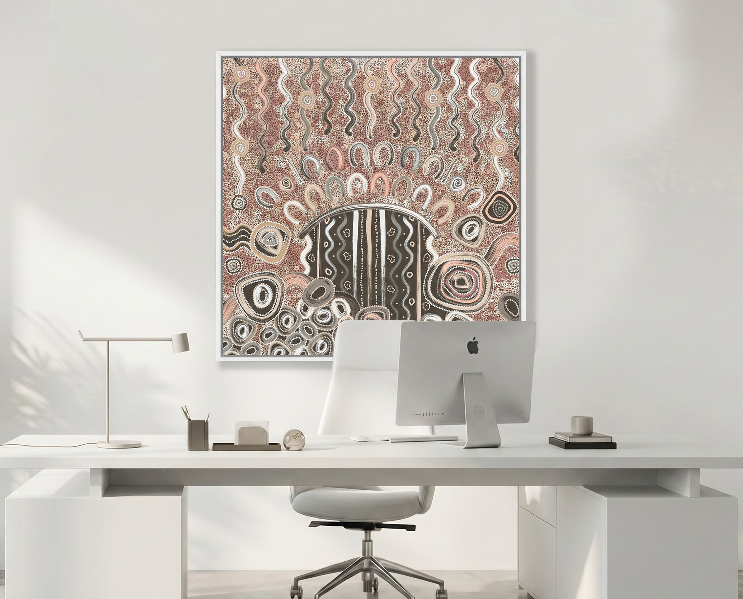 Contemporary Aboriginal art print by Kelly Taylor styled in modern office interior