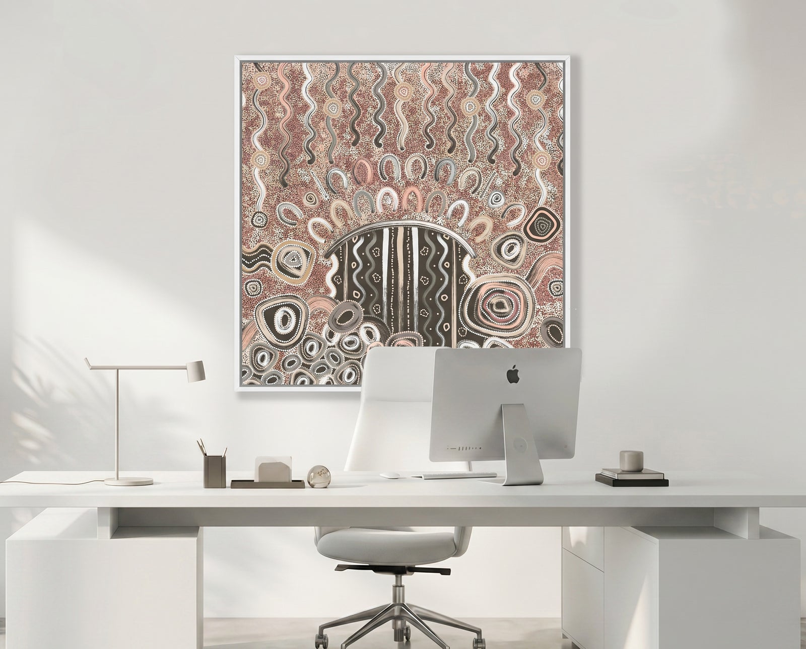 Contemporary Aboriginal art print by Kelly Taylor styled in modern office interior