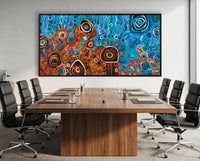 Large Desert Meets the Sea Aboriginal artwork by Kelly Taylor installed in a luxury corporate boardroom